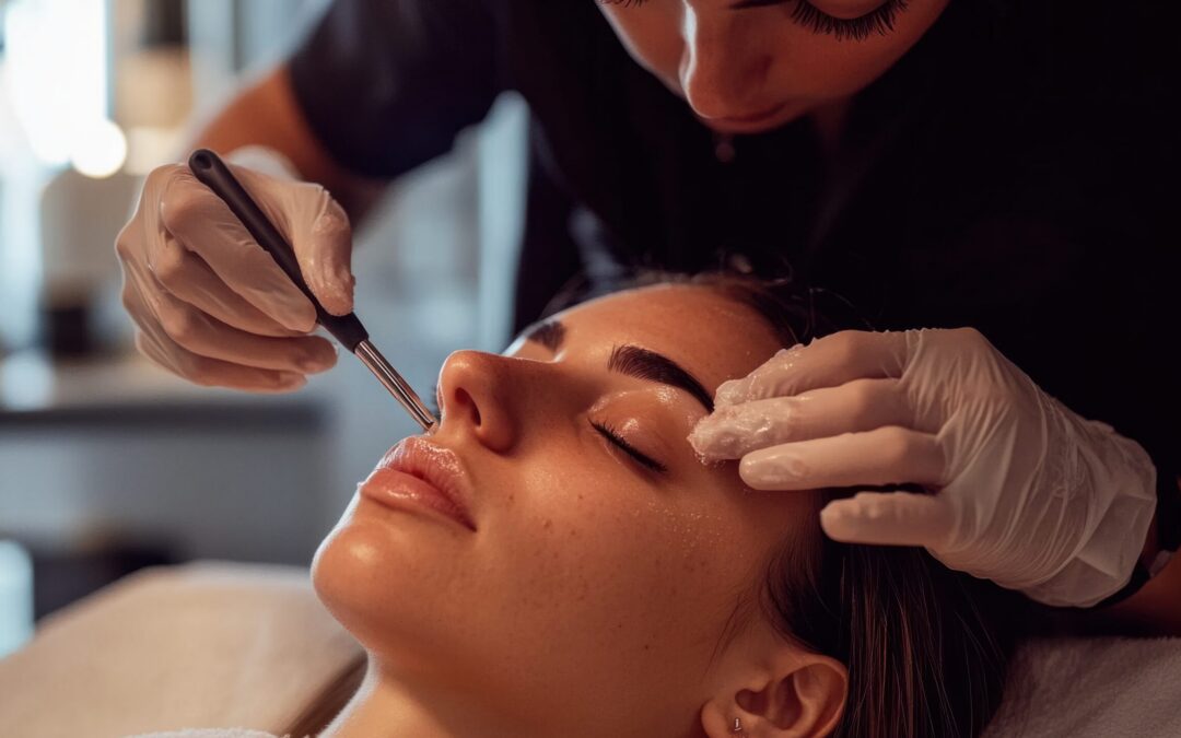 Beautician using a dermaplaning tool on a client's face for exfoliation and removal of peach fuzz.